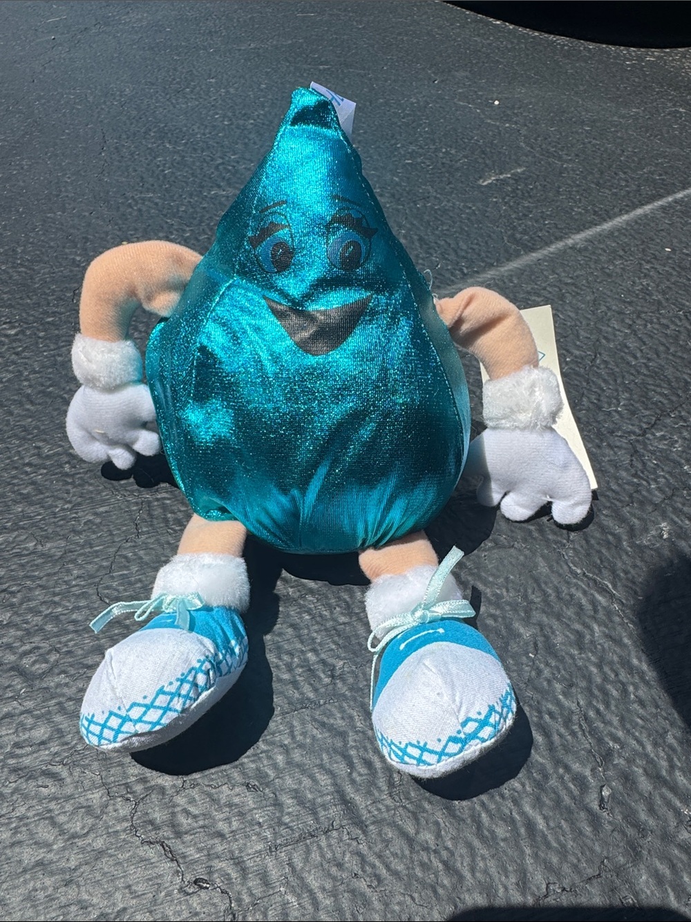 Teal Sparkle Hershey Kiss Plush Toy with White Gloves and Sneakers. Vintage 1994